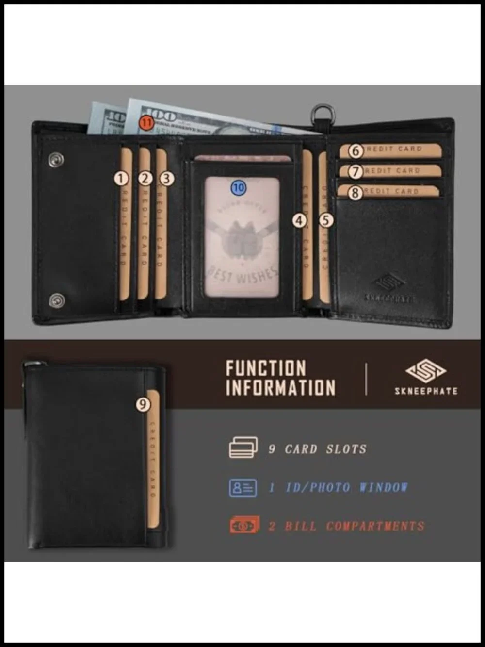 Men's Skull Trifold Wallet with Detachable Chain RFID Blocking Full-Grain